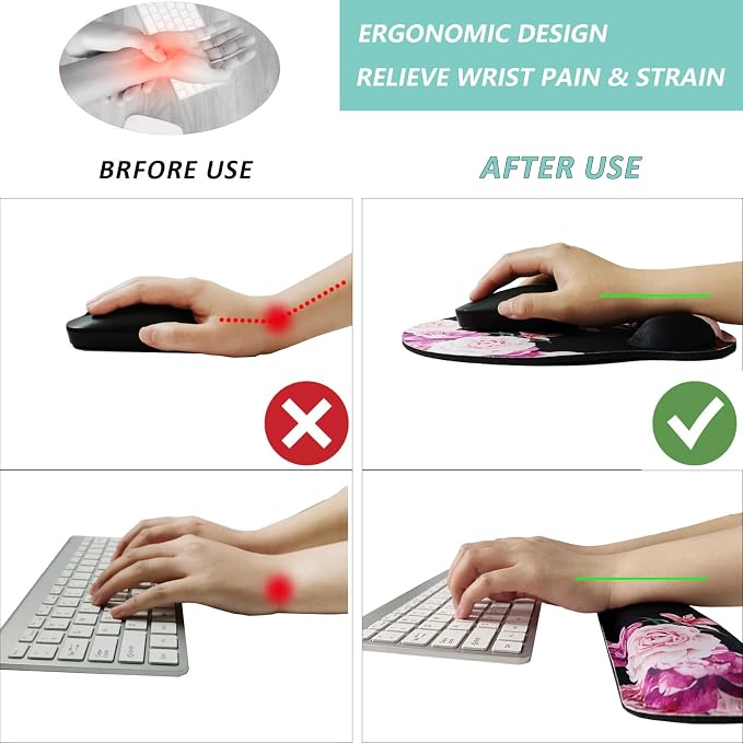 Keyboard Wrist Rest Pad Mouse Pad with Wrist Support Set of 3, Mousepad with Non-Slip Rubber Base, Ergonomic Memory Foam Mouse Wrist Cushion Support for Home Office Laptop Computer Gaming, Flowers