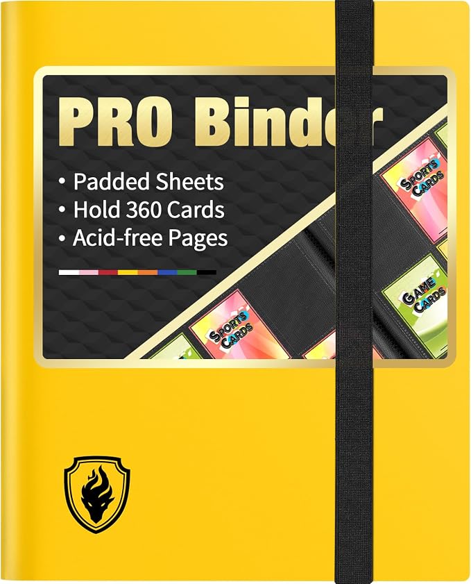 Heavy Duty Card Binder, Fabmaker 9 Pocket Trading Card Binder Holds 360 Cards, Sleek Side-Loading Card Album, Sturdy Card Collection Folder for Game Cards, Sport Cards, Yellow