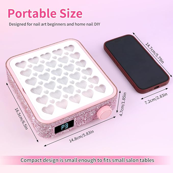 BQAN Portable Nail Dust Collector with 4200RPM Fan Pink Rhinestones | 10pcs Filter Papers Include & Nail Brush | Strong Suction | Adjustable Speed | For Acrylic & Gel | Professional & Home Use
