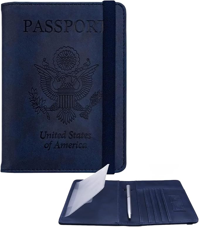 WALNEW Passport Holder for Travel, RFID Passport Wallet, Travel Essentials | PU Leather Passport Cover Case with Pen Holder, Travel Must Haves Accessories, Passport Book Holder for Women Men