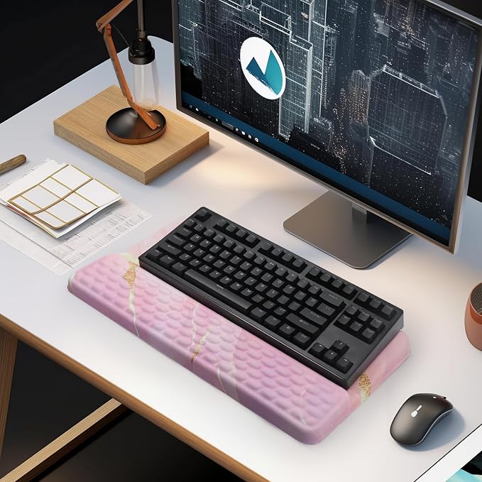Ergonomic Keyboard Stand with Wrist Rest, Computer Wrist Support Pad | Comfy Tilted Keyboard Riser Holder Wrist Pad for Pain Relief, Soft Memory Foam Desk Cushion for Office Home