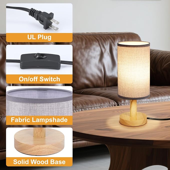 Gray Small Bedside Table Lamp for Bedroom,Natural Round Wood Base&Fabric Linen Shade,Cozy Night Table Light for Study Reading,Minimalist Boho Desk Lamp for Nightstand,Living Room,Nursery,Kitchen,Dorm
