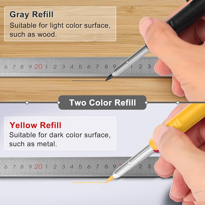 MECHEER 2 Pack Carpenter Pencils Construction Pencil with 12 Refills, Mechanical Carpenter Pencils with Built-in Sharpener, Long Nib Deep Hole Heavy Duty Woodworking Pencil Marker (Black, Yellow)
