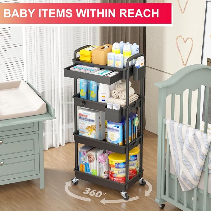 Goovilla 4 Tier Rolling Utility Cart Organizer with Removable Drawer, Black | Stable and Sturdy Rolling Storage Carts with 2 Lockable Wheels for Bathroom, Kitchen, Snack, Craft, Makeup, Baby Essentials