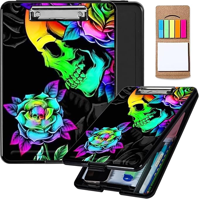 Plastic Storage Clipboard with Low Profile Clip, Heavy Duty Foldable Nursing Clipboard Case for Work, Teacher, Office School Supplies, Colorful Skull Rose Flower