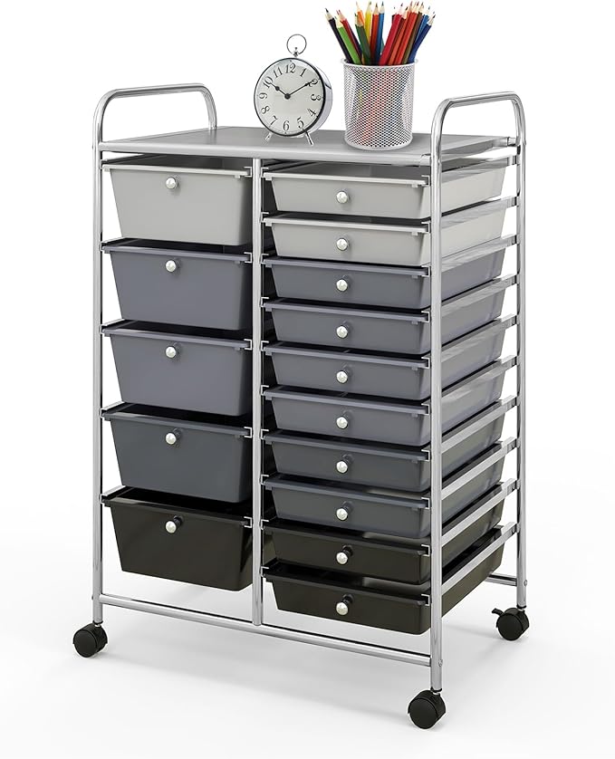 BECOMFORT 15-Drawer Rolling Cart with Drawers, Storage Cart on Wheels, Teacher Classroom Organizers with Metal Frame, Mobile Craft Cart for Tools, Trolley Utility Cart for School Office Play Room