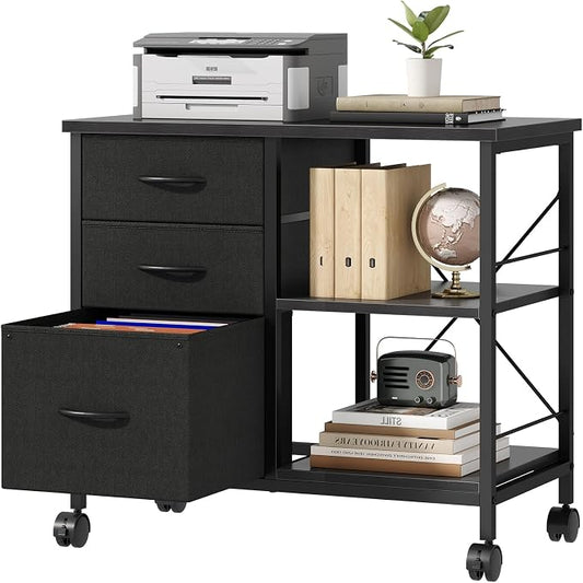 DUMOS 3 Drawer Mobile File Cabinet, Space Saving Rolling Printer Stand | Freestanding Fabric Lateral Filing Cabinet Fits A4/Letter Size, Printer Cart with Open Storage Shelf for Home Office, Black