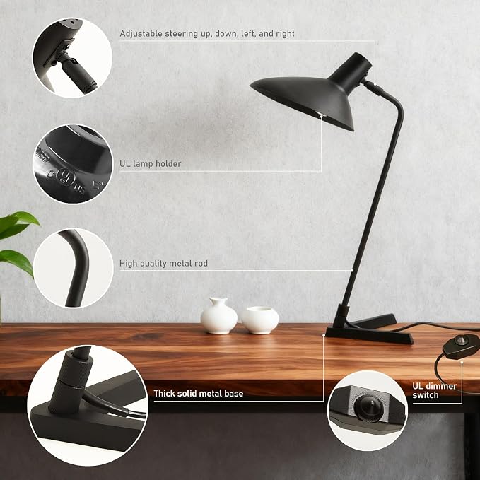 Industrial Desk Lamp Metal Modern Table Lamp 22", Adjustable Neck (4000K) with Adjustable Switch, Ideal for Office Desk Bedroom Bedside Lamps Study Room Living Room Side Table (Sand Black)
