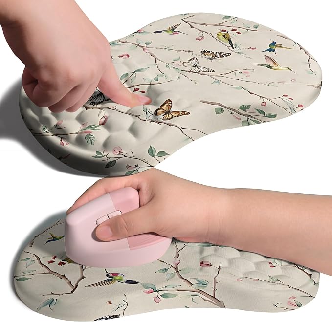 Ergonomic Joint Wrist Support Mouse Pad with Memory Foam Cushion Massage Bump, Carpal Tunnel Pain Relief Mousepad Slope Design for Wrist Rest, 11.8x7.9 in, Butterfly Hummingbird