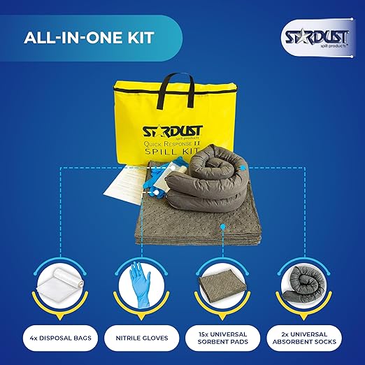 Stardust Spill Products Universal Spill Kit – OSHA Compliant Solution for Vehicles, Industrial, & Restaurant Use, Emergency Response Chemical, Water, & Bodily Fluid Cleanup, 12-Pack