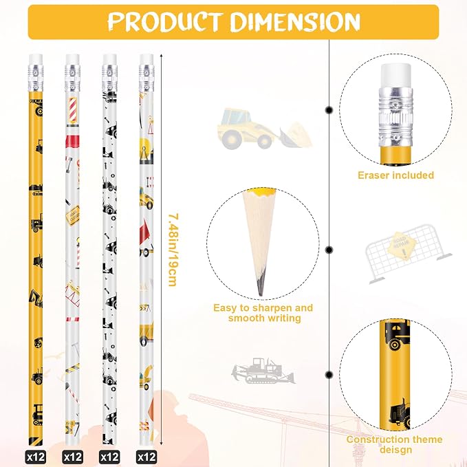 Teling 48 Pcs Construction Party Favors Fun Pencils in Bulk with Eraser for Theme Birthday Supplies Wooden Number 2 Graphite Pencils for Students Back to School Gifts Classroom