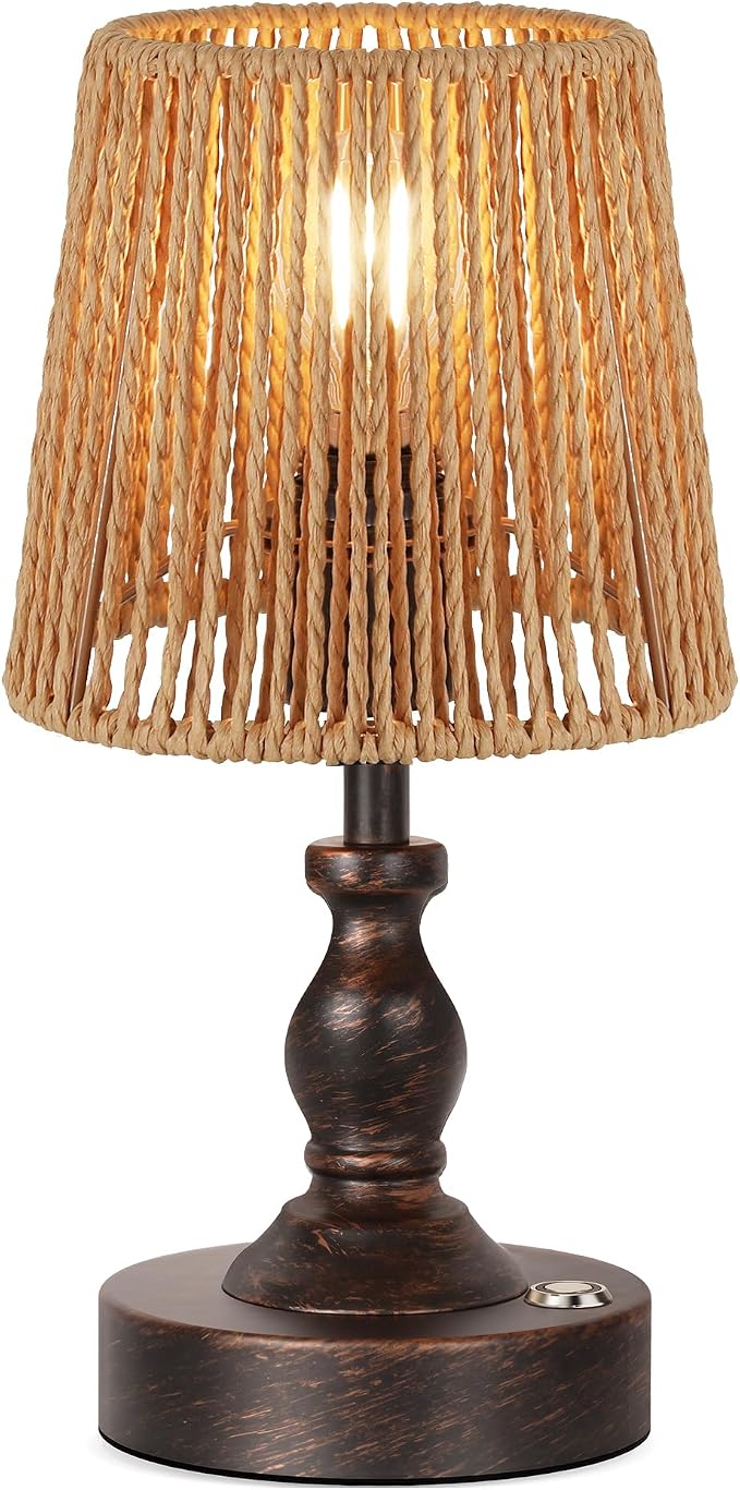 Mini Cordless LED Table Lamp, 5200mAh Rechargeable Battery Operated Lamp, 3-Level Brightness, Touch Dimmable Desk Lamp, Bedside Night Light with Rattan Shade, Oil Rubbed Bronze