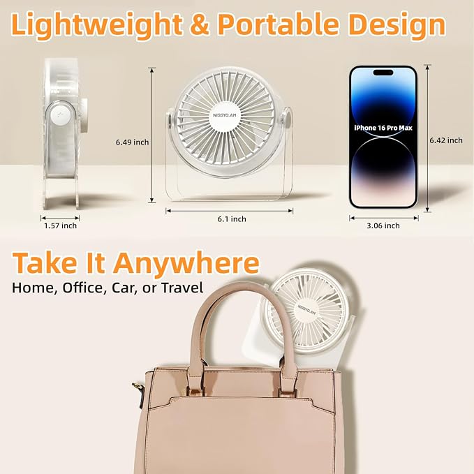 USB Desk Fan, 6 Inch Portable Table Fan, 3-Speed Quiet Personal Fan | Adjustable Tilt, Powerful Airflow, USB Powered, No Battery, Compact for Home, Office, Bedroom & Travel