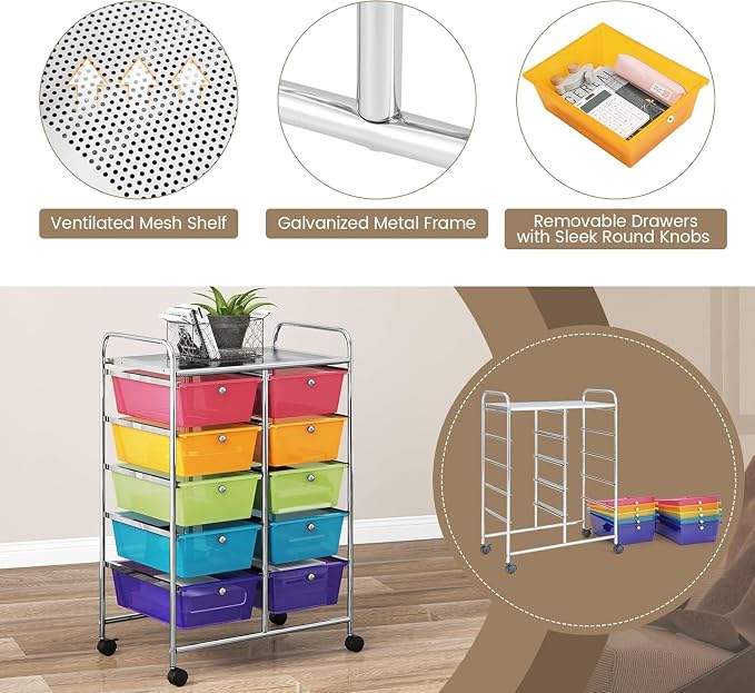 10 Drawer Rolling Cart, Storage Cart Organizer on Wheels, Drawer Cart with Metal Frame & Large Storage Capacity, Rolling Cart with Drawers for Living Room Classroom, Office