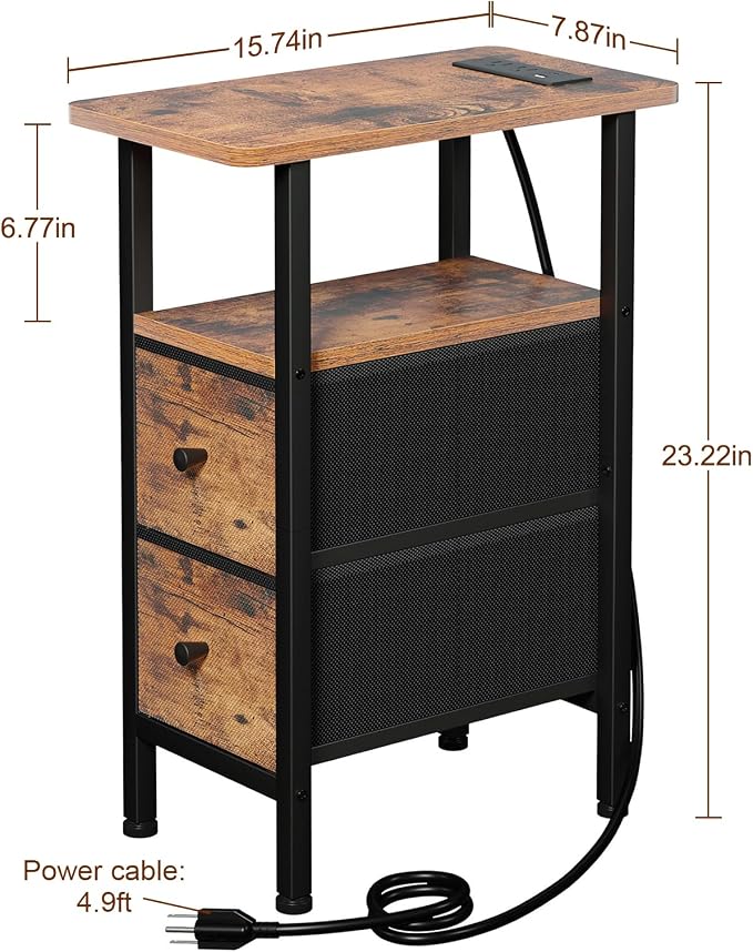 Narrow End Table with Charging Station, Small Nightstand | Skinny Side Tables Living Room with 2 Fabric Drawers, Slim Bedside Table for Bedroom, Small Spaces, Couch, Brown