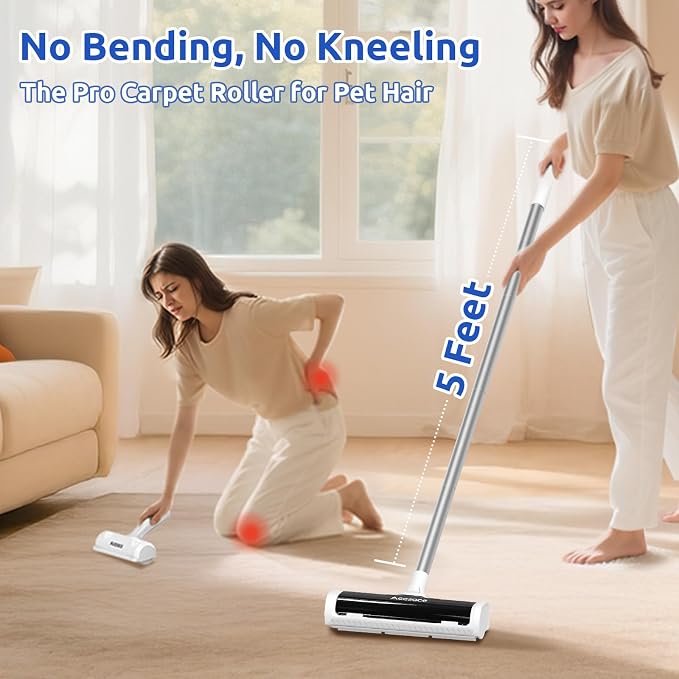 ACE2ACE A3 Pro Carpet Roller for Pet Hair, Carpet Pet Hair Removal Tool | Reusable Large Lint Rollers, 5 Feet Long Handle No Bending No Kneeling, Cat Dog Hair Remover for Carpet, Rugs, Mats, Black