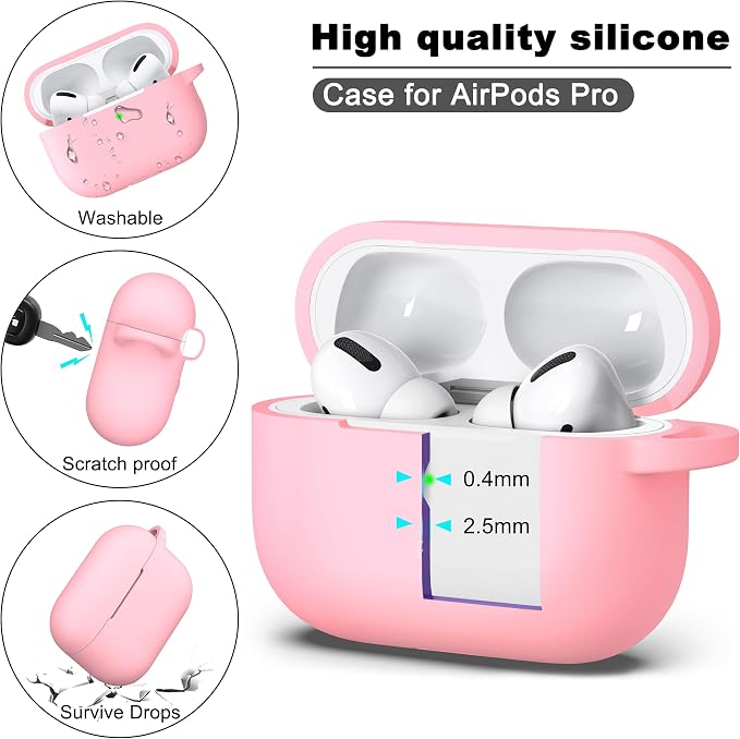 R-fun for AirPods Pro 2 Case, Soft Silicone Protective Cover with Keychain and Cleaning Pen, Compatible with AirPods Pro 2nd/1st Generation, Supports Wireless Charging, Pink