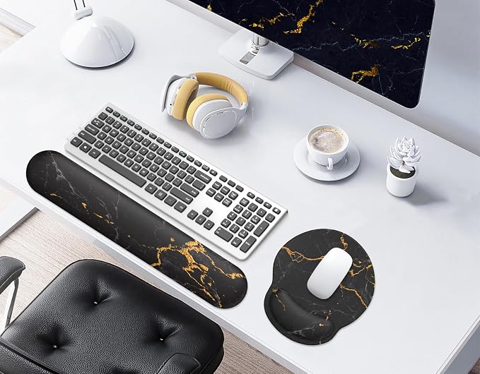 Mouse Pad Wrist Support, Ergonomic Memory Foam Keyboard Wrist Pad & Gel Wrist Rest Set for Computer Keyboard for Easy Typing & Pain Relief for Office & Home (Black Marble Set)