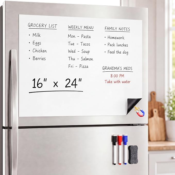 Large Magnetic Whiteboard for Fridge: Zones for Every Family Need | Dry Erase Sheet Needs No Drilling or Glue - 24" x 16" Kitchen Message Center with Magnet Backing and Zones for Family Members