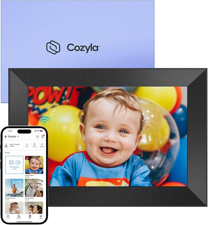 Cozyla Digital Picture Frame, 10.1'' HD Touchscreen Display with No Subscription, Free Unlimited Storage, Share Photo＆Video via Apps, Auto-Rotate WiFi Electronic Photo Frame for Gifting Black