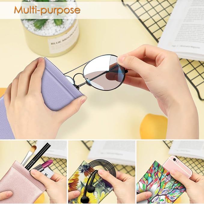 FINTIE Soft Eyeglasses Case with Cleaning Cloth, Portable Squeeze Top Vegan Leather Glasses Pouch, Sunglasses Eyewear Bag