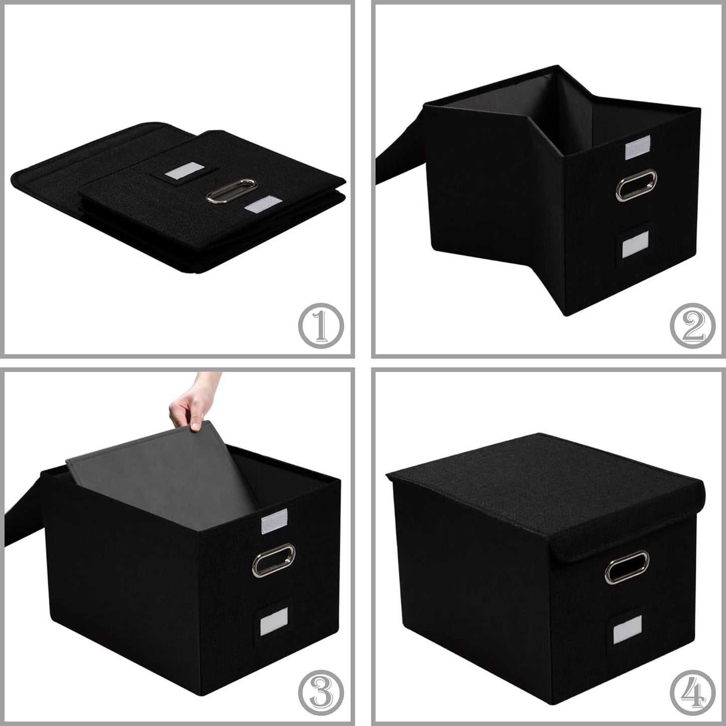 PRANDOM File Organizer Box - Set of 4 Collapsible Decorative Linen Filing Storage Hanging File Folders with Lids Office Cabinet Letter Size Black (15x12.2x10.75 inch)