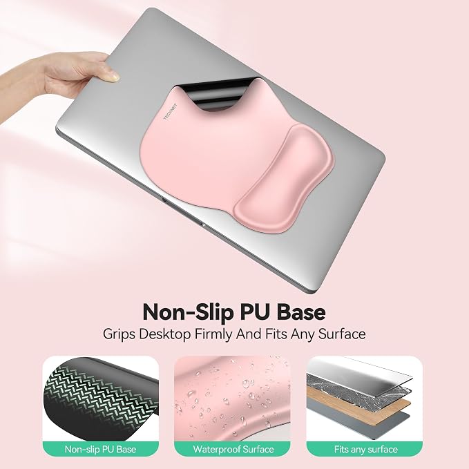 TECKNET Gel Ergonomic Mouse Pad with Wrist Rest, Non-Slip PU Base, Pink | Comfortable Gel Cushion, Pain Relief, Smooth and Waterproof Surface, Mouse Pad with Wrist Rest for Office, Gaming and Study