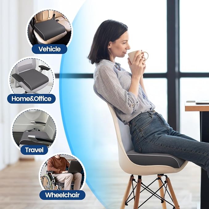 SweetSlubr Seat Cushion for Tailbone Pain Relief, Office Chair Cushion, Memory Foam Large Chair Pad with Non-Slip Cover for Soft Support at Office Chair, Car Seat, Airplane Grey/XLarge