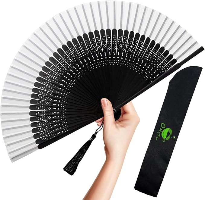 OMyTea Folding Hand Fan for Women - Foldable Chinese Japanese Vintage Bamboo Silk Fan - for Hot Flash, Church, Decoration, EDM, Music Festival, Dance, Party, Performance, Gift (Sexy Black - White)