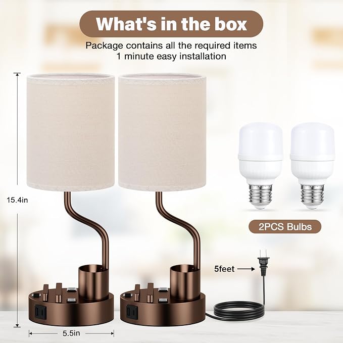 Bedside Lamps for Bedroom Set of 2 - Table Desk Lamp for Nightstand | 15" Table Lamp for Living Room with Pen Holder & Phone Stand, USB A+C Port, AC Outlet, 3 Color Temperature, LED Bulb Included