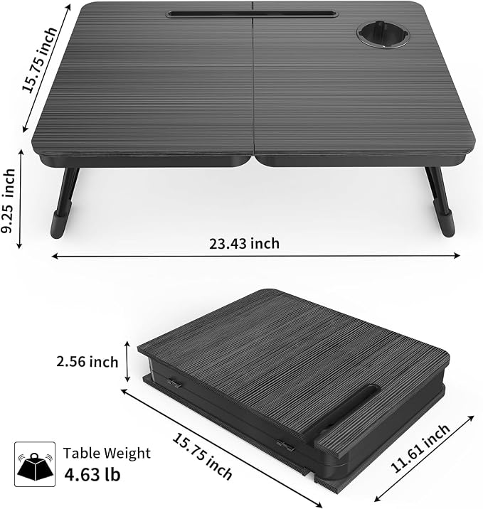 BUYIFY 23.4" Foldable Lap Desk Bed Table with Cup Holder Tray Charcoal | Portable Folds Flat for Easy Storage, No Assembly Laptop Bed Desk, Sturdy and Lightweight, Patent Design