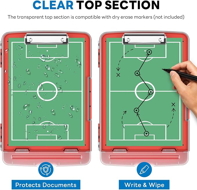 Clipboard with Storage and Pen Holder, Red 8.5 x 11'' Folder Side Open, Heavy Duty with Dual Compartment, Clear Dry Erase for Coach, Size 14.5 x 9.8 x 1.5'', Office & School Supply