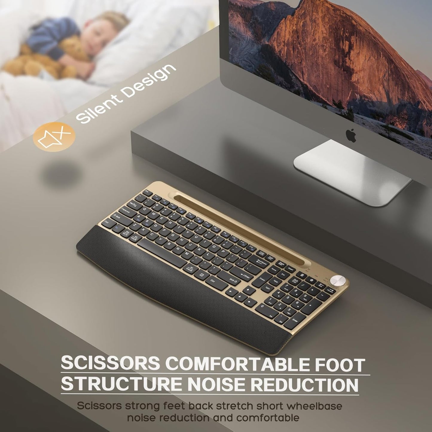 Ergonomic Wireless Keyboard with Wrist Rest-Low-Profile,Phone/Tablet Holder,Quiet Design，Windows & Mac OS，Full Size Cordless USB Computer Keyboard for Desktop,Laptop, PC, Mac, Windows-Gold