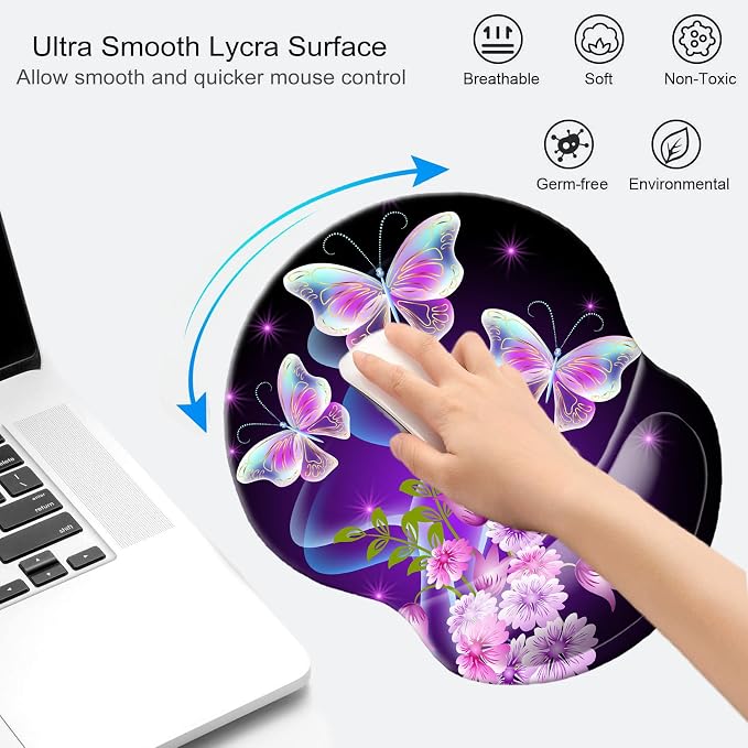 Mouse Pad with Wrist Support, Non Slip Mousepad Wrist Rest for Office, Computer, Laptop & Mac-Comfortable & Lightweight Ergonomic Support Mouse Mat(DL-Butterfly)