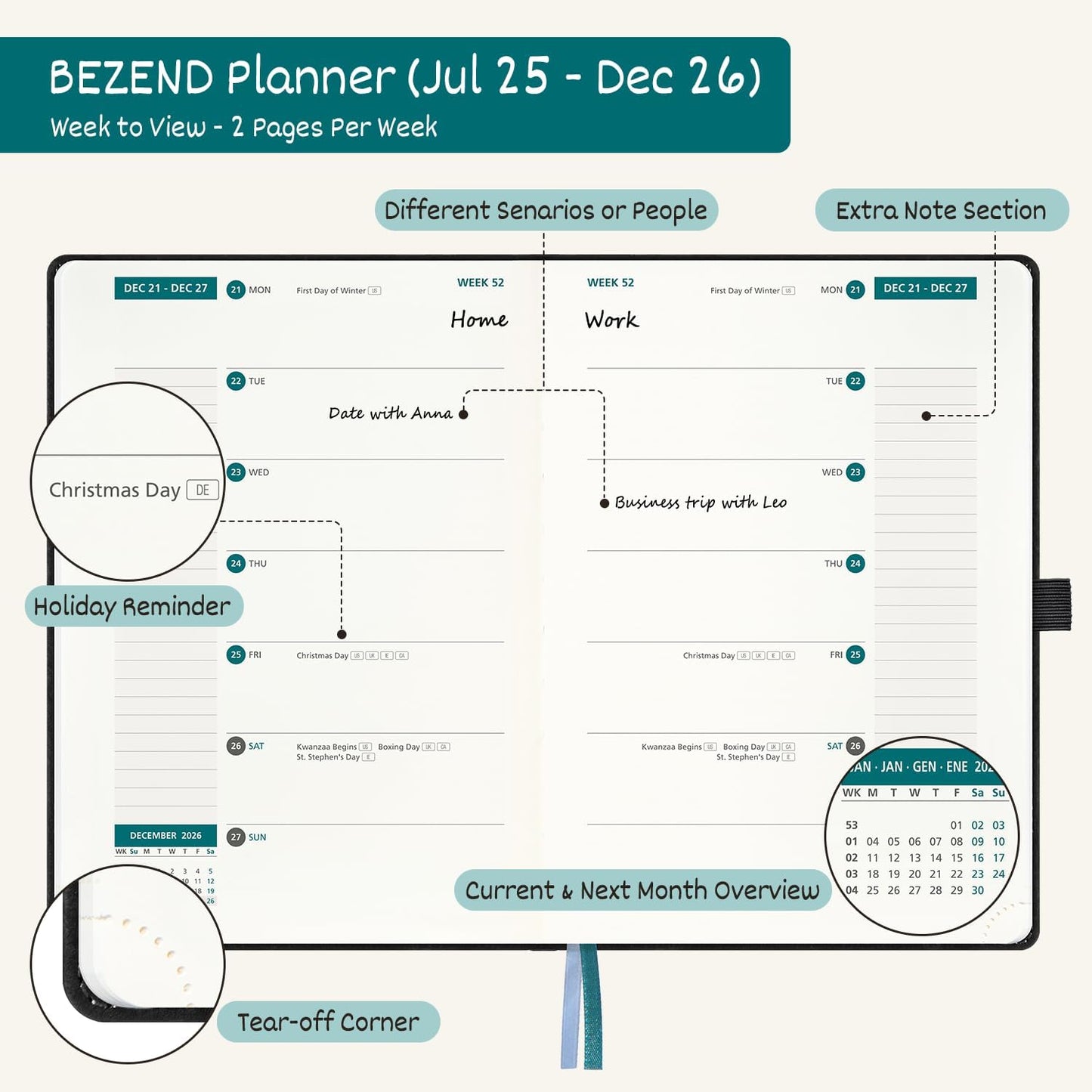 BEZEND Weekly Planner 2025-2026 with 2 Columns, 5.8" x 8.5" Academic Calendar 18 Months (Jul 25-Dec 26) Life Work Appointment Book with Monthly Tab, PU Leather Hardcover - Evergreen
