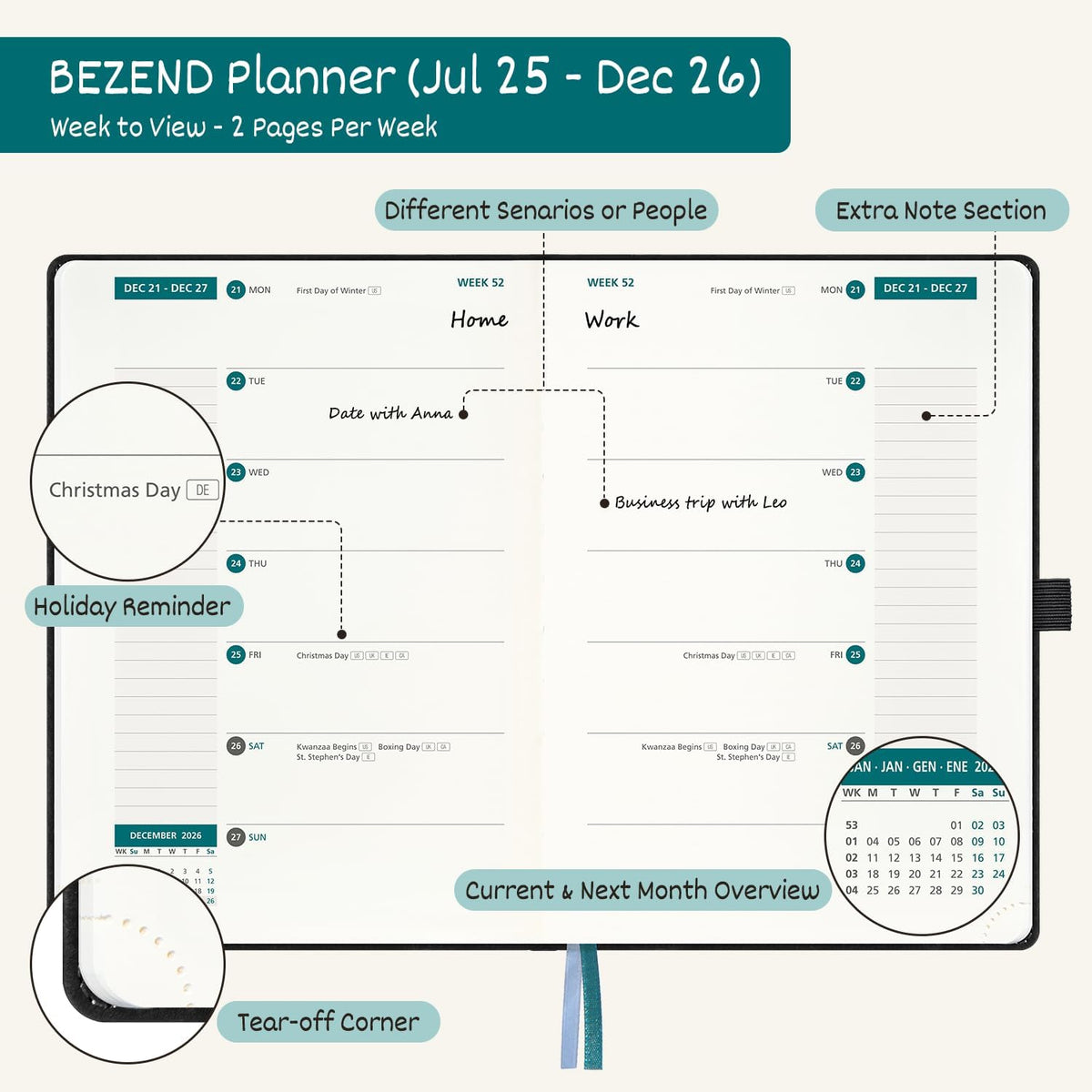 BEZEND Weekly Planner 2025-2026 with 2 Columns, 8.5" x 11" Academic Calendar 18 Months (Jul 25-Dec 26) Life Work Appointment Book with Monthly Tab, PU Leather Hardcover - Lilac
