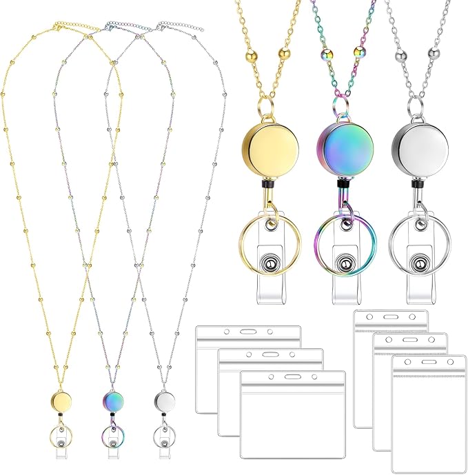 Lanyards for Id Badges 3 Pack Badge Lanyard with 6 Pcs Id Badge Holder Retractable Stainless Steel Teacher Lanyards Cruise Ship Lanyard for Girl Women (Gold, Silver, Bright Blue)