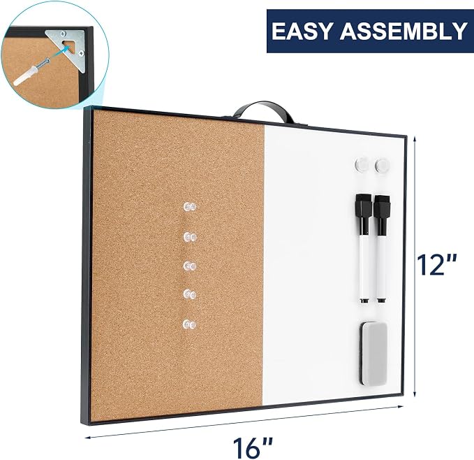 Small Whiteboard Cork-Board - 12" X 16" Portable Aluminum Black Framed Magnetic Dry Erase Board for Wall, Small Bulletin Cork Board with Holder for Office, Home and School