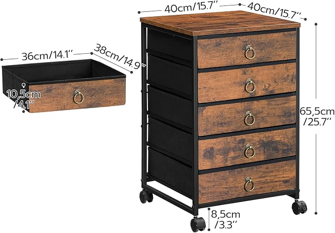 HOOBRO 5-Drawer Chest, File Cabinet, Office Cabinet with Drawers, Rolling Printer Stand for Living Room, Home Office, Nonwovens Drawer, Easy Assembly, Rustic Brown BF50WJ01