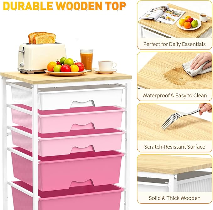 SUNALLY Rolling Carts with 5 Drawers, Storage Drawer Carts for Craft, Pink | Rolling Utility Cart with Wooden Tabletop & 2 Lockable Wheels, Teacher Storage Cart for Classroom School, Makeup, Nail, Art