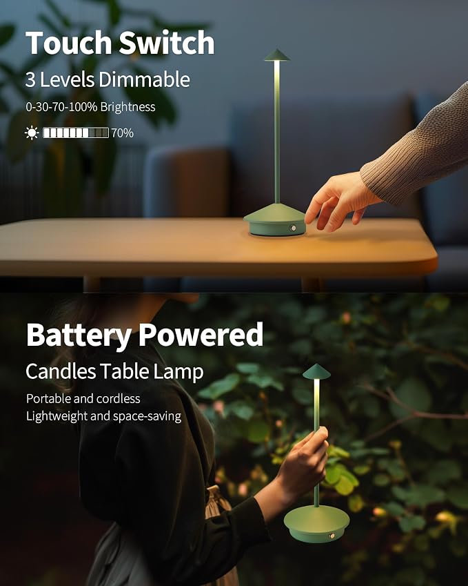Modern Cordless Table Lamp Set of 2, Green Portable LED Desk Lamps | 4000mAh, Rechargeable, Battery Operated Lighting for Bedroom, Dining Room, Restaurant, Coffee Shop, Camping, Night Light