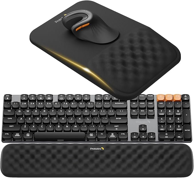 ProtoArc KMP50 Ergonomic Mouse Pad with Wrist Rest, Lycra Surface, Black | 8° slope & massage points with slow-rebound memory foam, Non-slip base. Relieves wrist strain for office & home