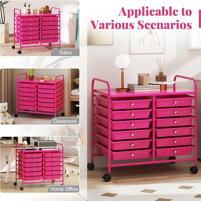COSTWAY 12-Drawer Rolling Storage Cart, Utility Storage Organizer Cart | For Tools, Scrapbook, Paper, Craft, Multipurpose Art Supply Organizer on Wheels for Home Office School, Teacher, Hot Pink