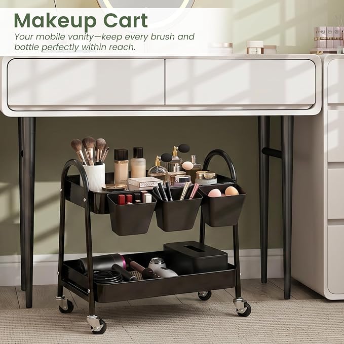 2-Tier Rolling Cart, Utility Cart Mobile Metal Rolling Storage Cart with Lockable Wheels & Hanging Cups & Hooks for Kitchen, Bathroom, Office, Workshop, Purple