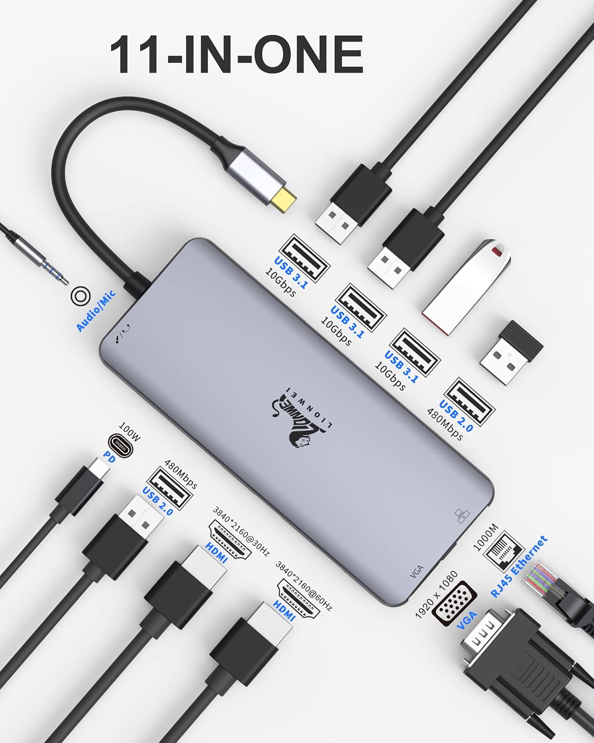LIONWEI Laptop Docking Station Dual Monitor, 11-in-1 to 4K HDMI,VGA,Gigabit Ethernet,3 USB 3.1 10G,2 USB 2.0,87W PD,Audio for Dell/Surface/HP/Lenovo Laptops