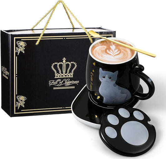 Honeydak Coffee Mug Warmer Cute Cat Mug Set Cup Warmer for Women Heated Coffee Warmers for Mom Home Office Desk Valentine's Day Anniversary Birthday Gifts(Cat,Black)