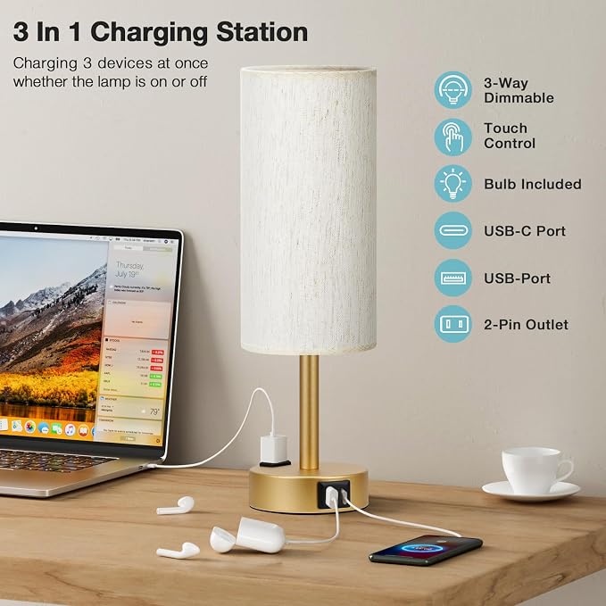 Gold Nightstand Bedroom Lamp - 3 Way Dimmable Bedside Lamp USB C A Charging Ports and AC Outlet, Small Table Lamp Linen Lampshade for Office Desk, LED Bulb Included