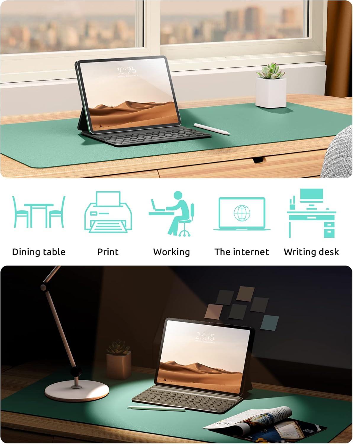 YSAGi Leather Desk Protector, Office Mat, Large Mouse Mat, Non-Slip PU Leather Blotter, Laptop Desk Mat, Waterproof Writing Pad for Office and Home (Green-Blue, 31.5" x 15.8")