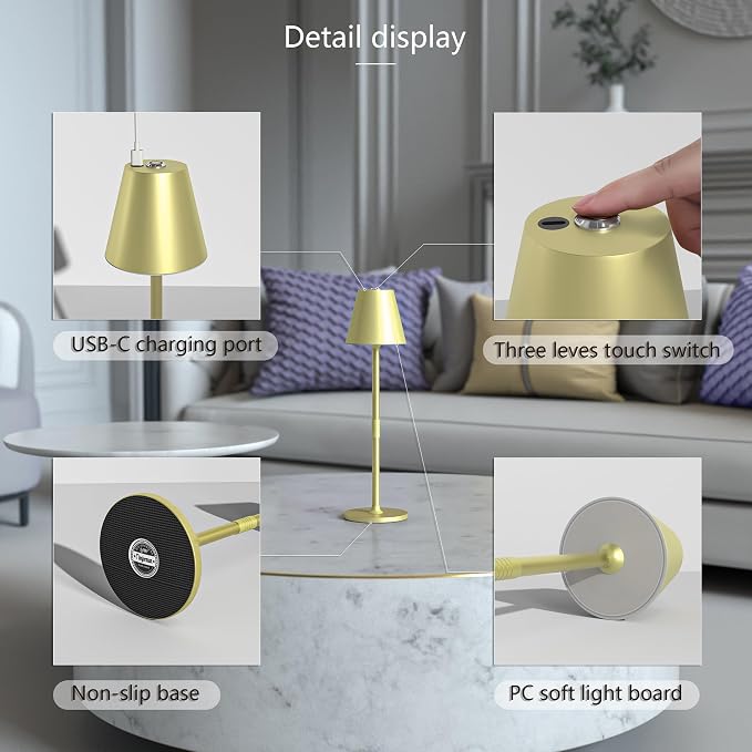 Timjorman 1-Pack Cordless Table Lamps - 5000mAh Rechargeable Battery Operated Desk Lamp, 3-Level Dimmable LED Night Light for Bedroom, Dining, Restaurant - Metal Design (Champagne Gold-1Pack)