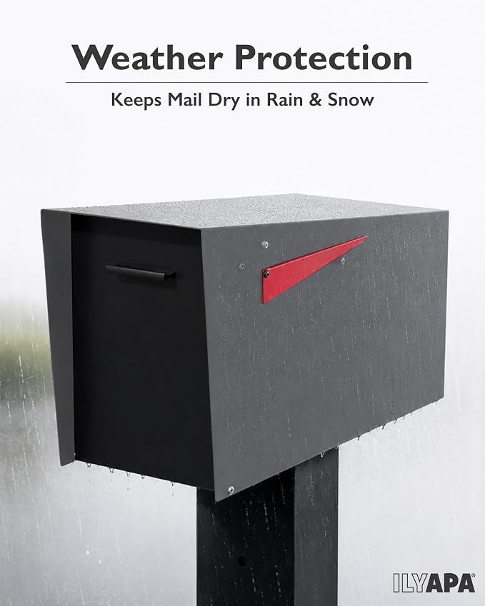Ilyapa Modern Mailbox with Angle Design Post Mount - Gray Powder Coated Metal Mailbox with Black Door - Waterproof for Parcels, with Magnetic Door